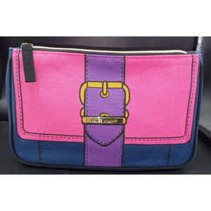 Estee Lauder blue/pink/purple and gold fabric makeup bag 9" x‎ 5 3/4" x 2"